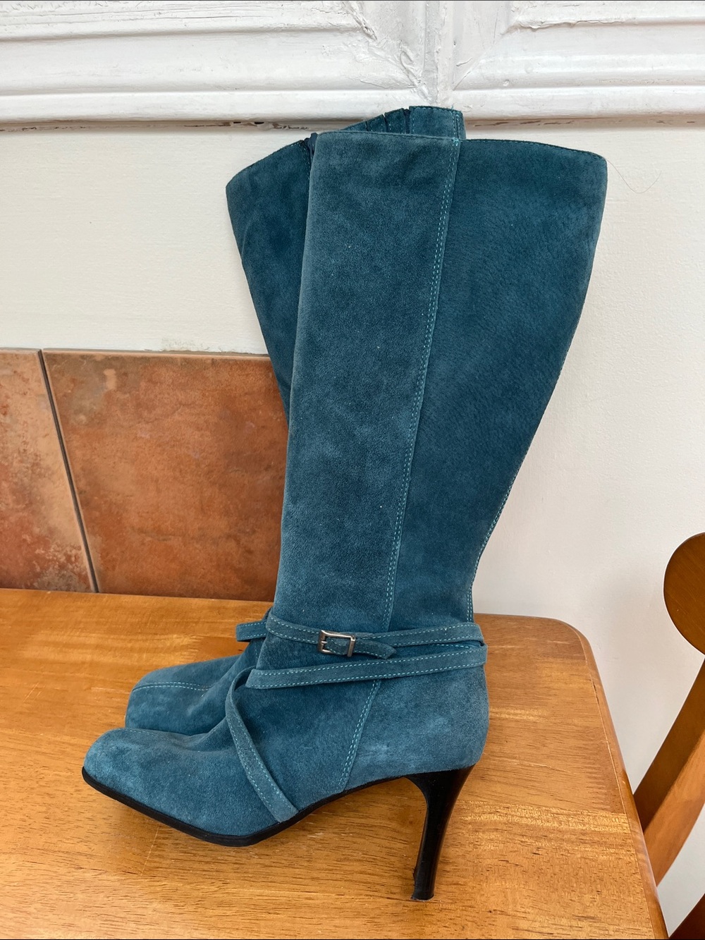 Hush Puppies Teal Suede Knee-High Heeled Boots Y2k 70s